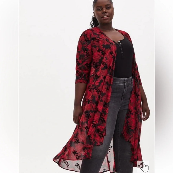 TORRID AC/DC Black & Red Floral Chiffon Hi-Lo Kimono Plus Size Concert - Picture 1 of 9
